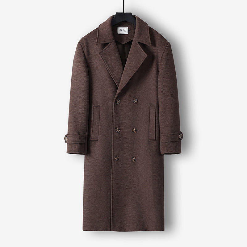 Men's Long Double-Breasted Wool Coat with Minimalist Silhouette and Shawl Collar Chichicherry