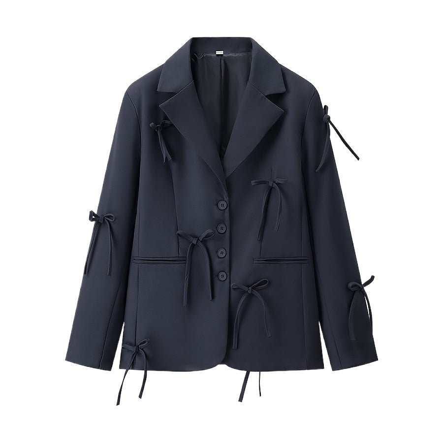 Women's Tailored Blazer with Decorative Bows and Coordinated Mini Skirt Set Chichicherry