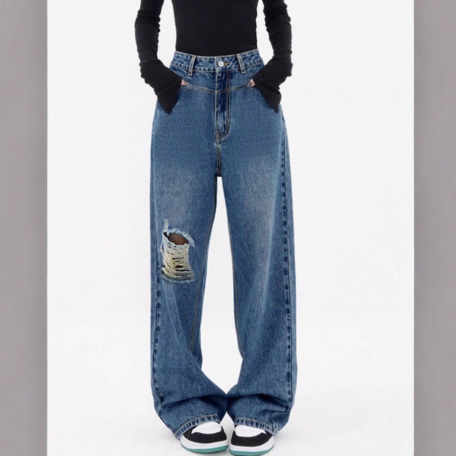 Women high-waisted oversized baggy jeans with knee rip and wide leg Chichicherry