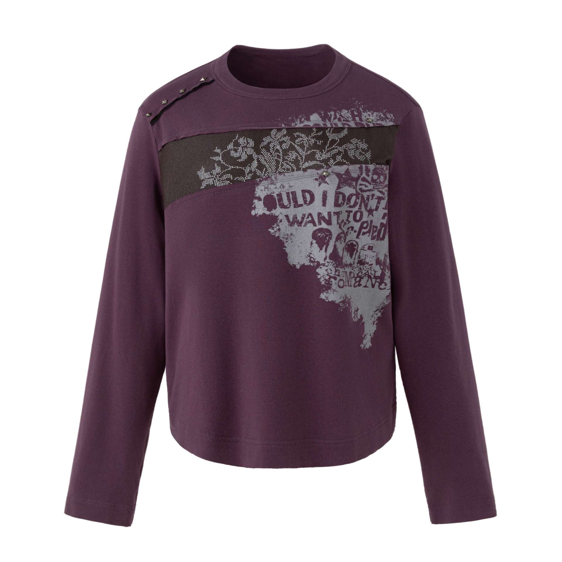 Women's Casual Sweatshirt with Studded Trim, Print Insert and Round Neckline Chichicherry