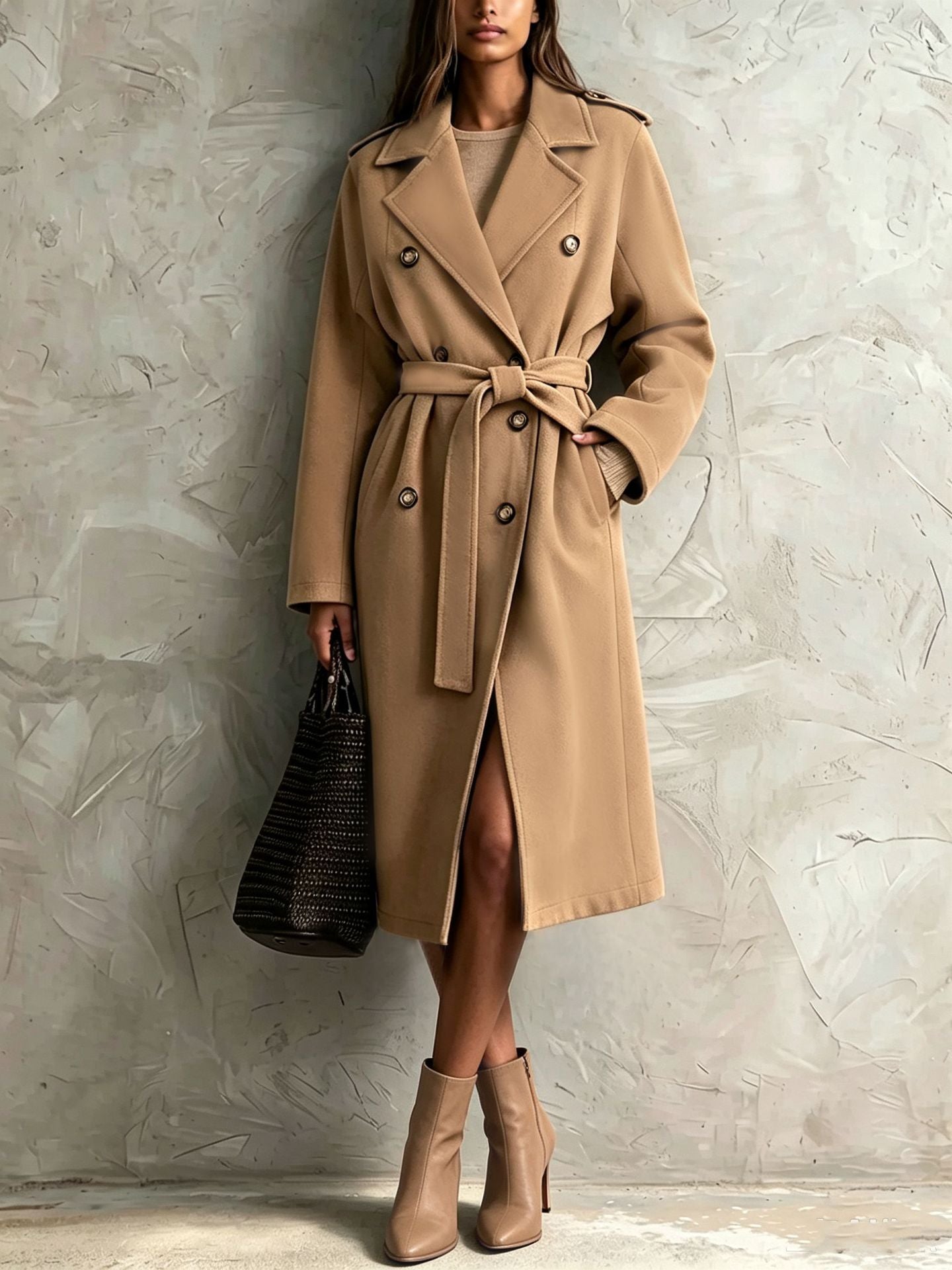 Women's Long Double-Breasted Wool Mix Coat with Ties Chichicherry
