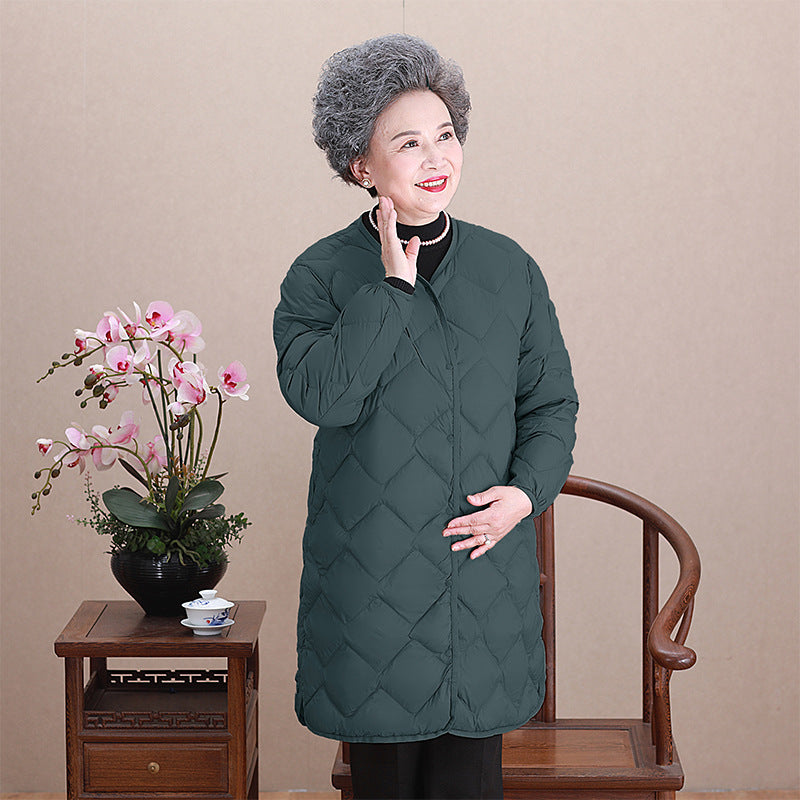 Women’s collarless long quilted thermal coat with diamond quilting Chichicherry