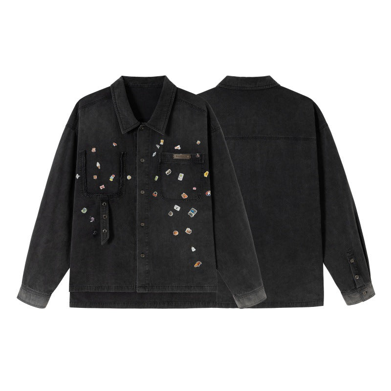 Men's overshirt made of denim with applied pin patches and used details Chichicherry