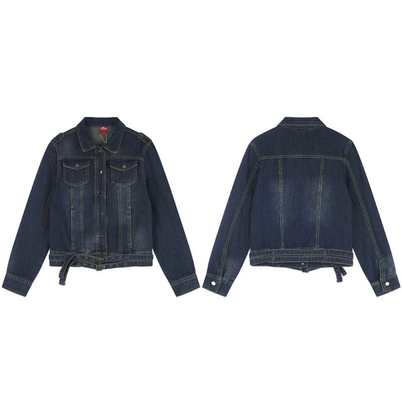 Ladies short denim jacket with waist belt, snap front and patch breast pockets Chichicherry