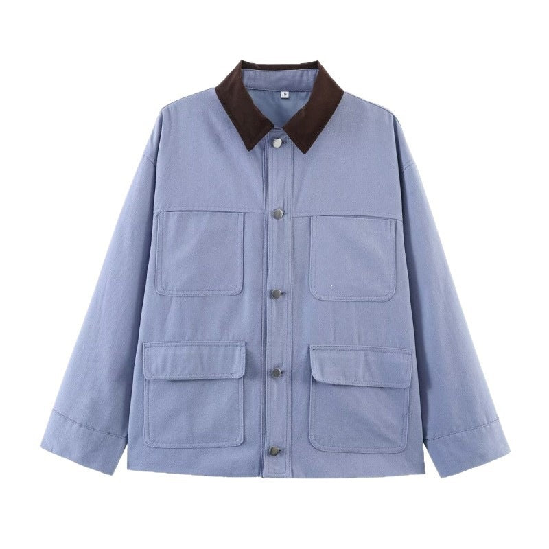Women's Overshirt Jacket with Contrast Collar and Four Patch Pockets Chichicherry