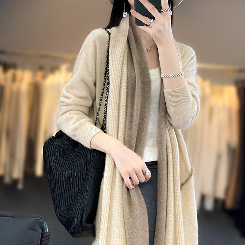 Ladies longer open cardigan in cashmere-look with shawl collar and patch pockets Chichicherry