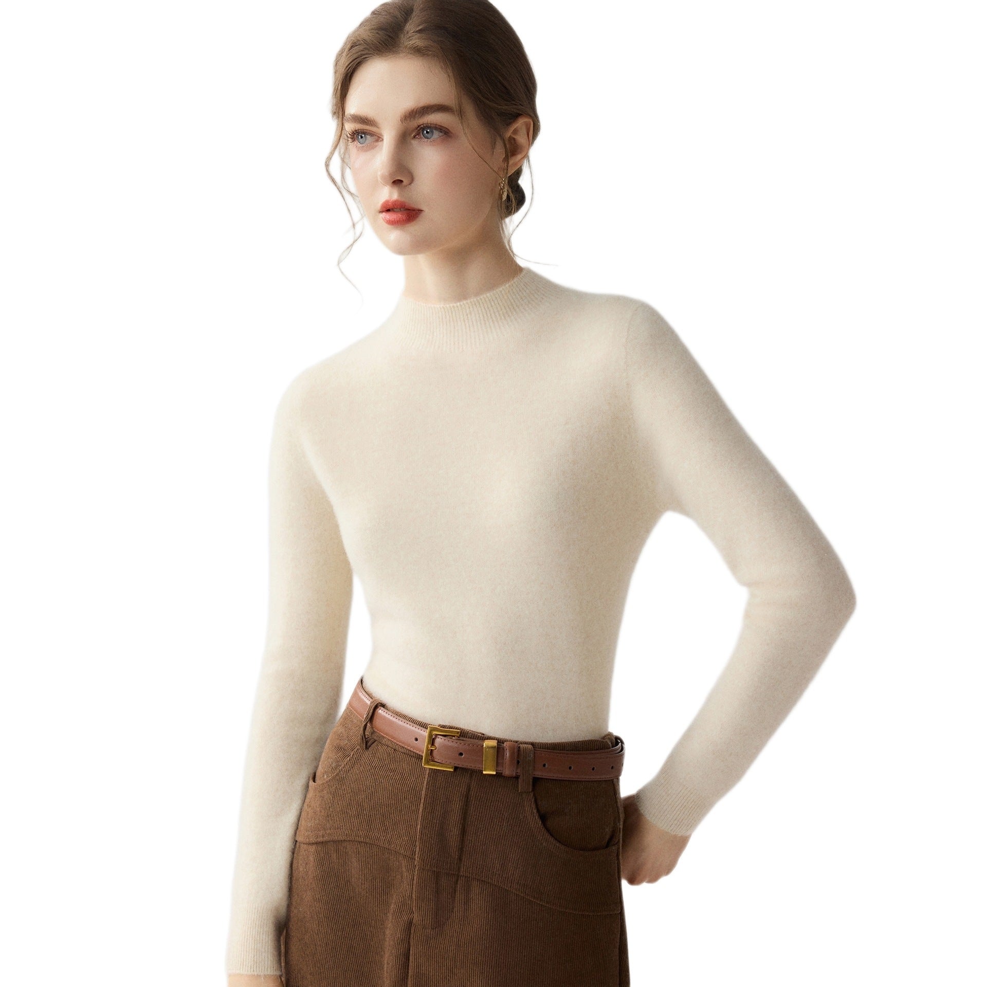 Women Slim Mockneck Fine Knit Sweater with Cashmere-like Feel Chichicherry