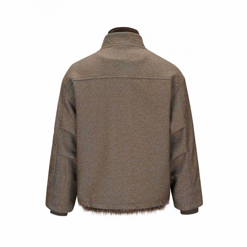 Women's Short Boxy Jacket with Teddy Lining, Stand Collar and Flap Pockets Chichicherry