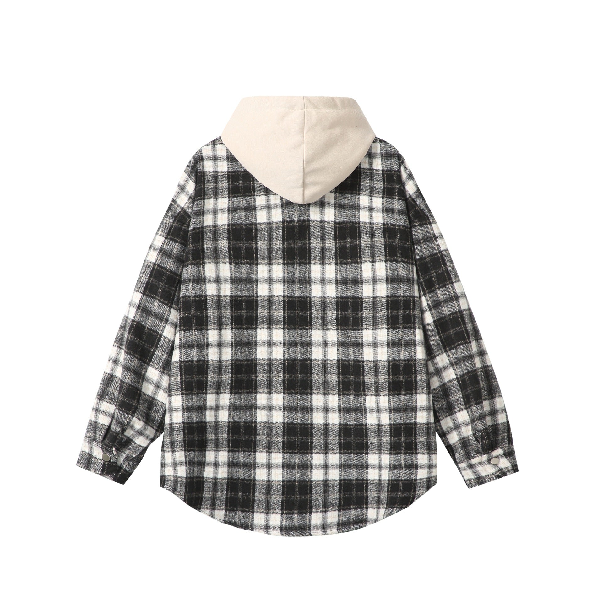 Unisex Oversized Check Shirt Jacket with Hood, Snap Buttons and Chest Pocket Chichicherry