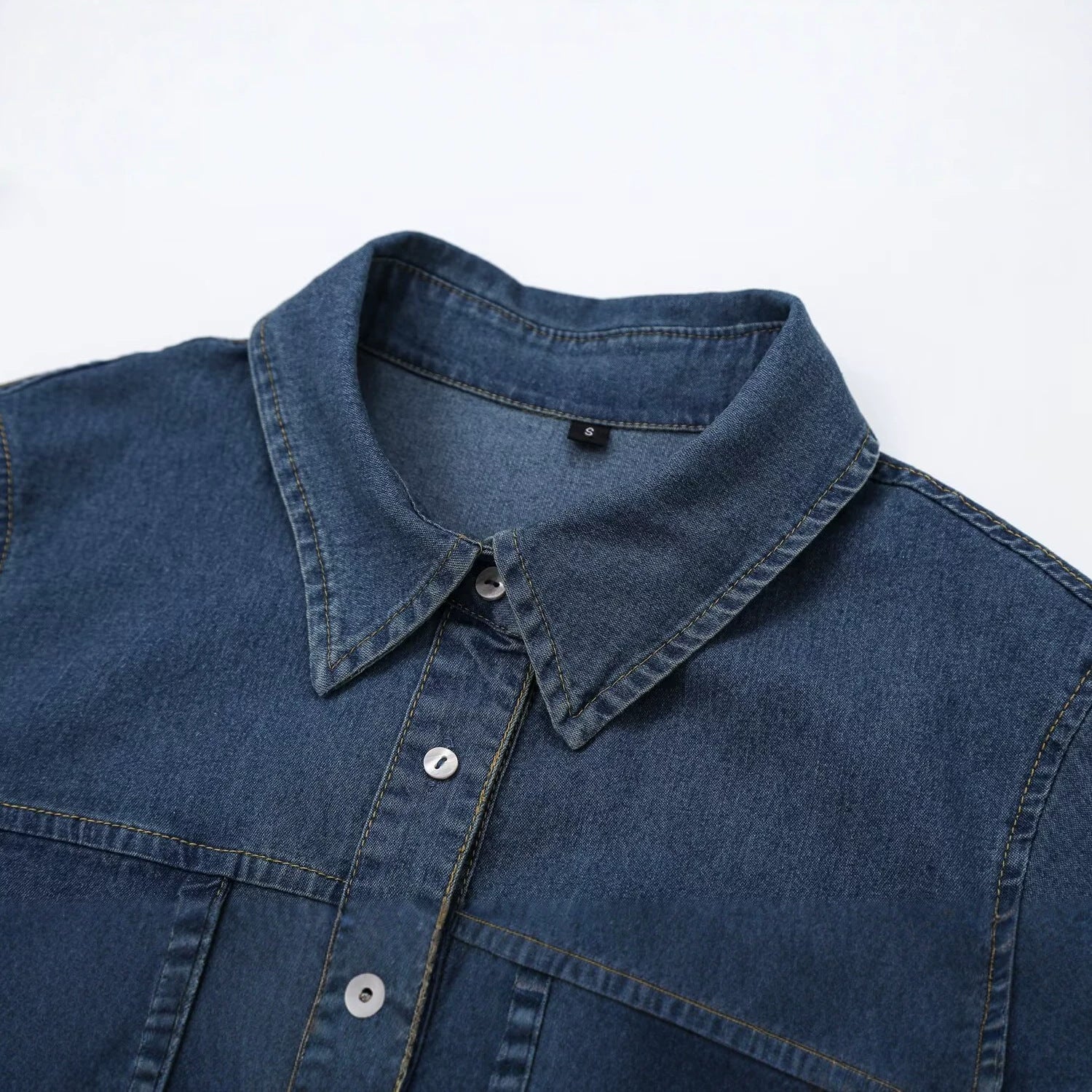 Women's Short Sleeve Denim Shirt Dress with Full Button Placket and Chest Flap Pockets Chichicherry