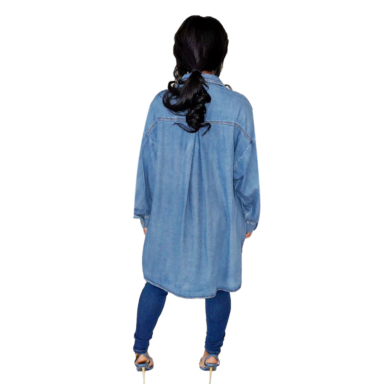 Women's Oversized Denim Shirt Jacket with Flap Pockets and Extended Cut Chichicherry