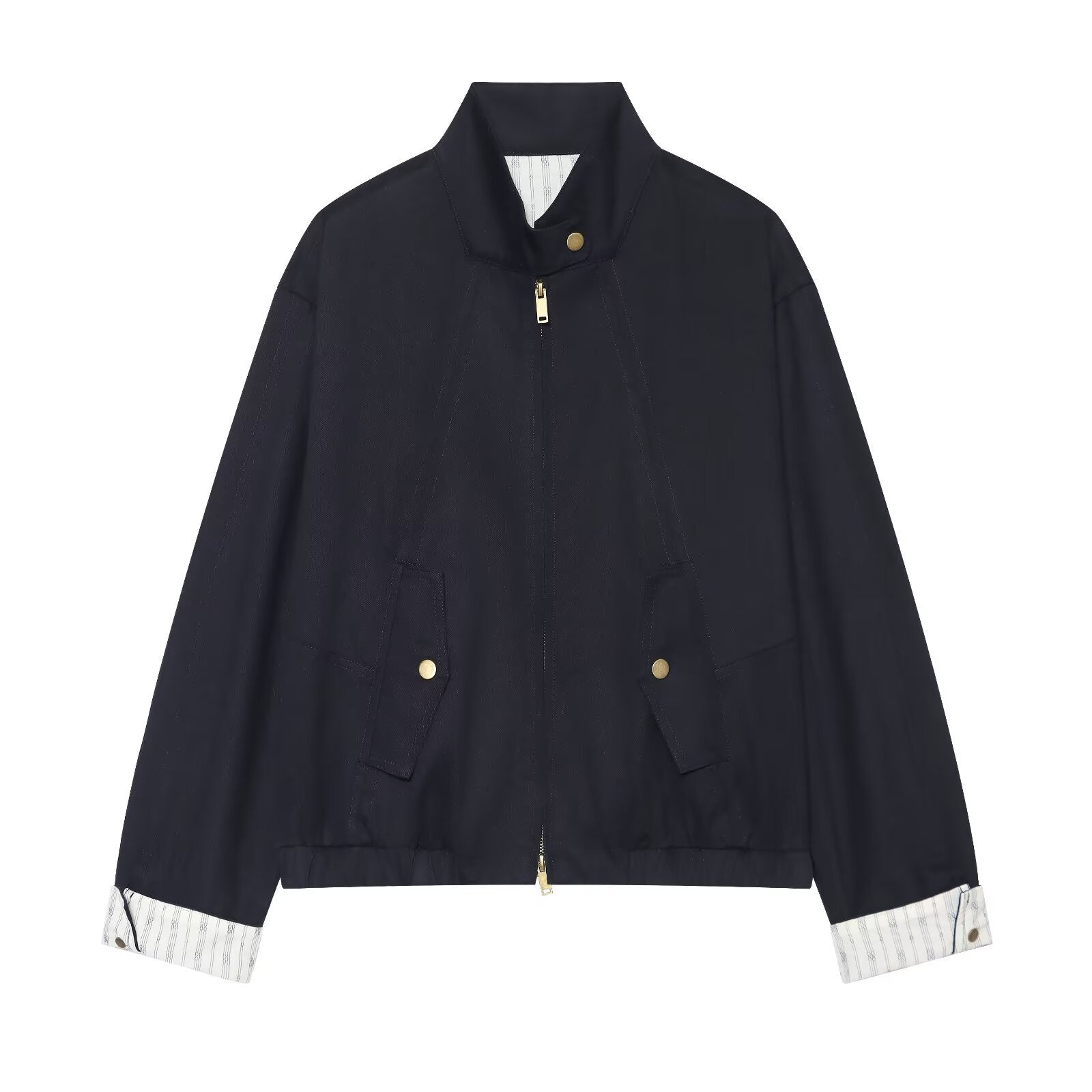 Women's Cropped Boxy Field Jacket with Stand-Up Collar, Patch Pockets and Golden Details Chichicherry