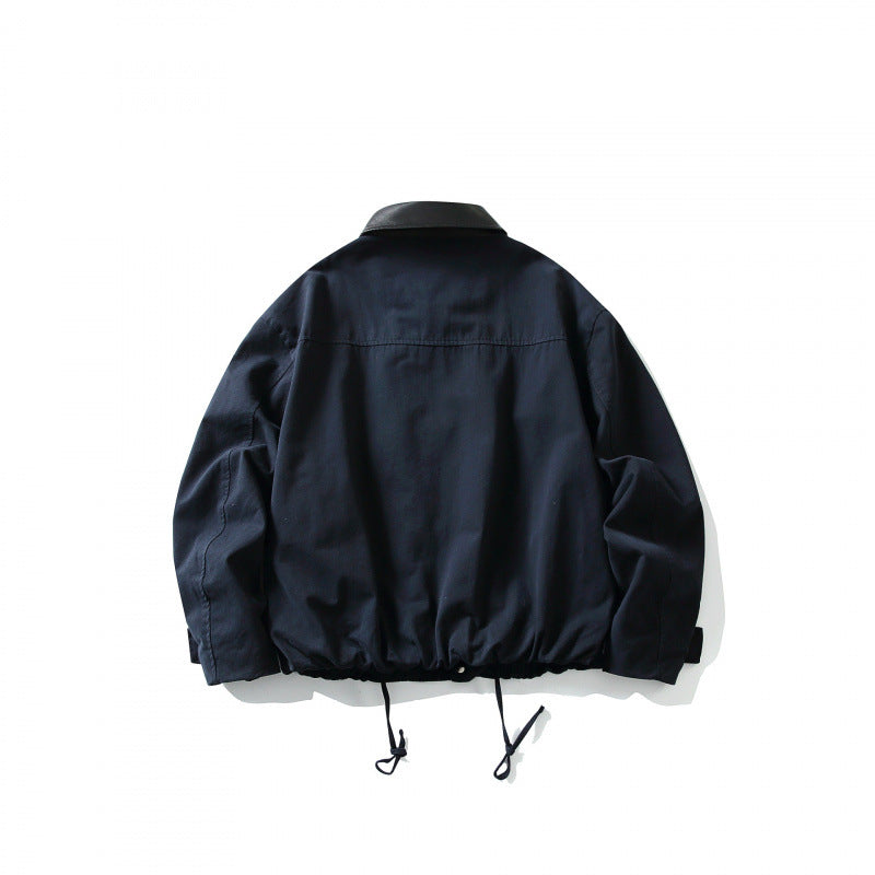 Men's Boxy Utility Jacket with Faux Leather Collar, Drawstring and Snap Cuffs Chichicherry