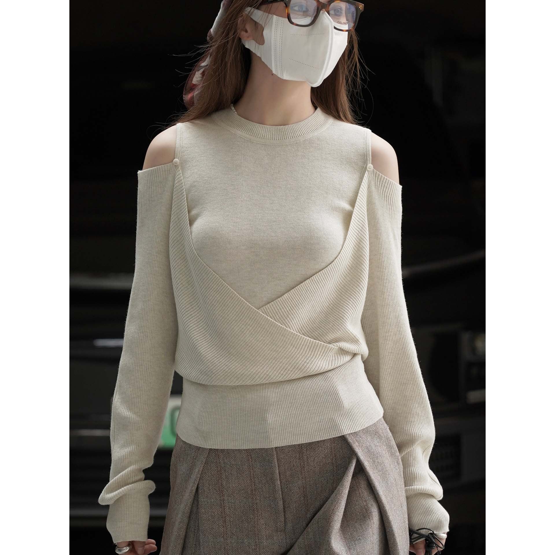 Women's Off-the-Shoulder Fine Knit Sweater with Asymmetrical Wrap Detail Chichicherry