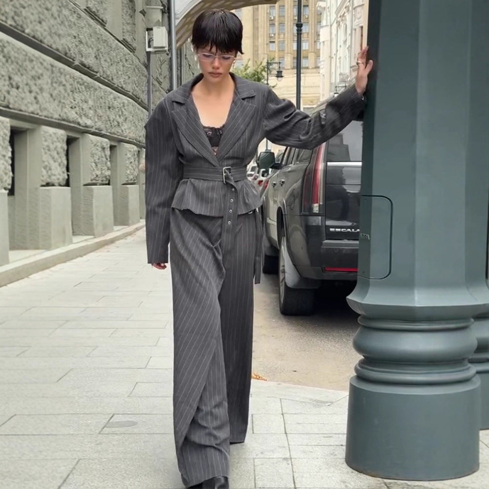 Women's Tailored Pinstriped Blazer with Shoulder-Emphasizing Balloon Sleeves and Waist Belt Chichicherry