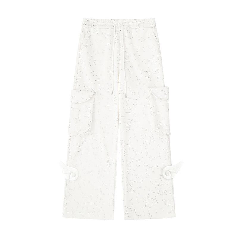 Women's Extra Wide Cargo Palazzo Sweatpants with Drawstring Waistband and Decorative Wing Appliqués Chichicherry