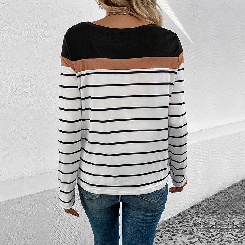 Women Striped Long Sleeve Shirt with Color Block Detail and Round Neckline Chichicherry