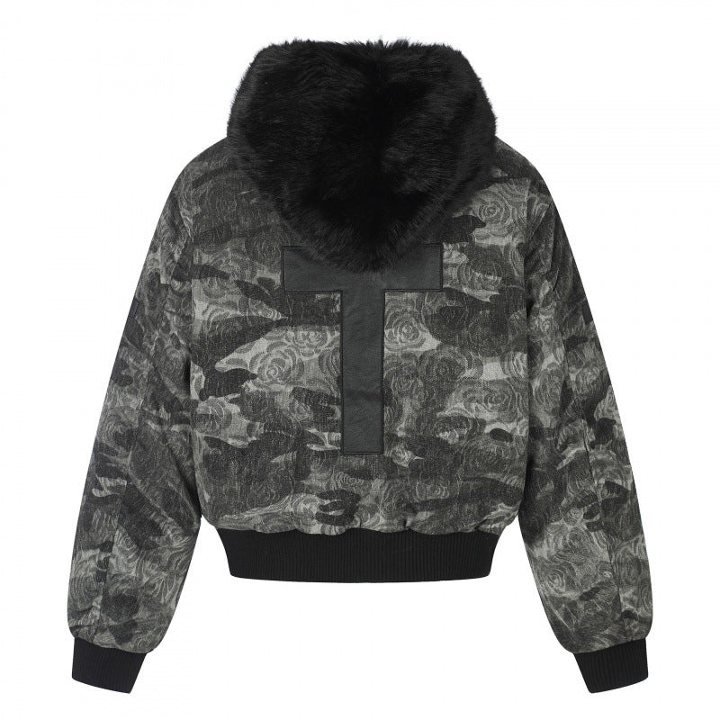 Ladies Boxy Bomber Jacket with Soft Faux Fur Collar and Floral Camouflage Structure Chichicherry