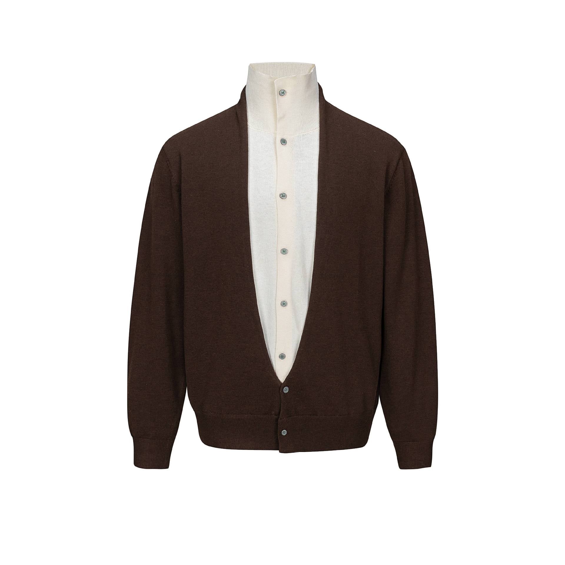Men's fine-knit layering cardigan with deep V-neck and integrated polo collar Chichicherry