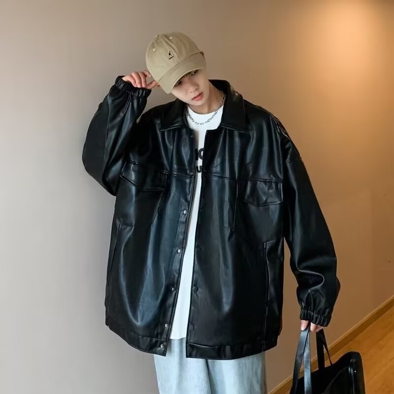 Herren Oversized PU-Leder-Shacket mit Pattentaschen und elastischen Bündchen Chichicherry