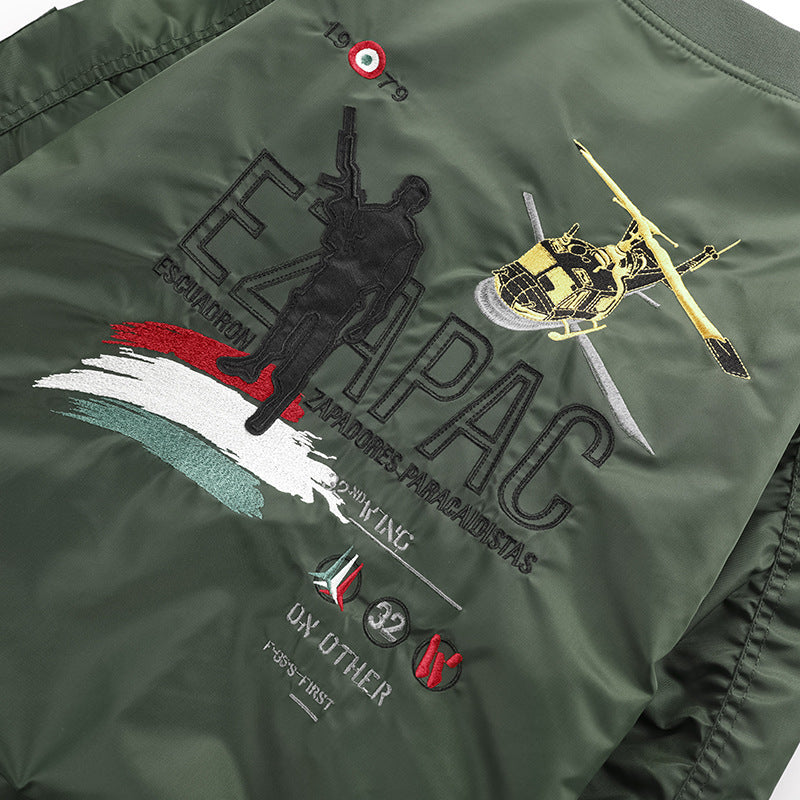 Men's pilot bomber jacket in vintage military style with embroidered flight patches and water-repellent nylon surface Chichicherry