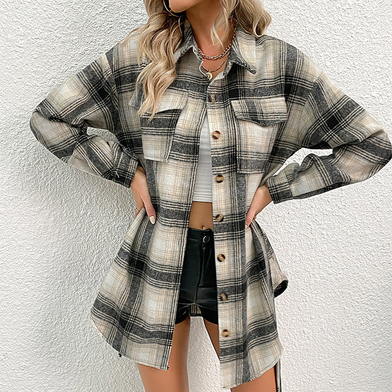 Women Checked Longline Shirt Coat with Button Placket and Waist Belt Chichicherry