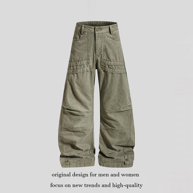 Women's Loose High-Waist Cargo Pants with Reinforced Knee Panels and Adjustable Hem Chichicherry