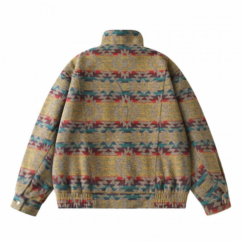 Unisex Boxy Jacquard Wool Bomber Jacket with Stand-Up Collar, Flap Pockets, and Elastic Hem Chichicherry