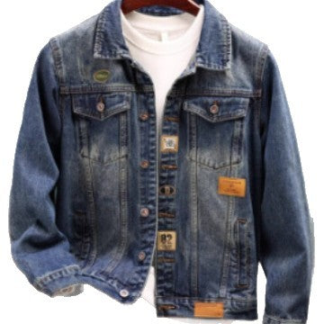 Herren Vintage-gewaschene Denimjacke mit Markenpatches, Brustklappen und geradem Schnitt Chichicherry