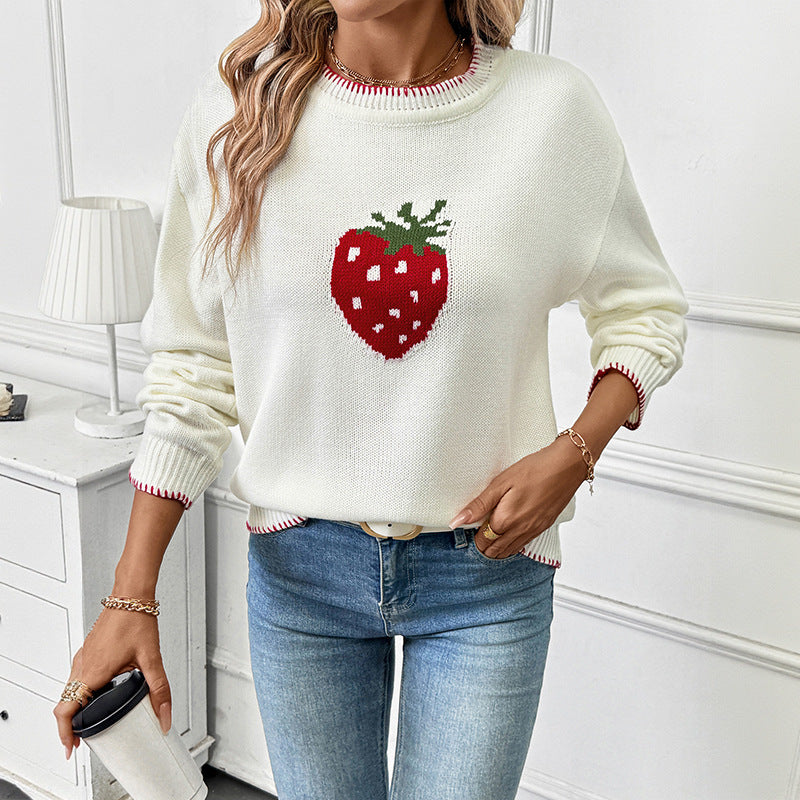 Women's Casual Boxy Knit Sweater with Strawberry Intarsia, Ribbed Hem and Round Neckline Chichicherry
