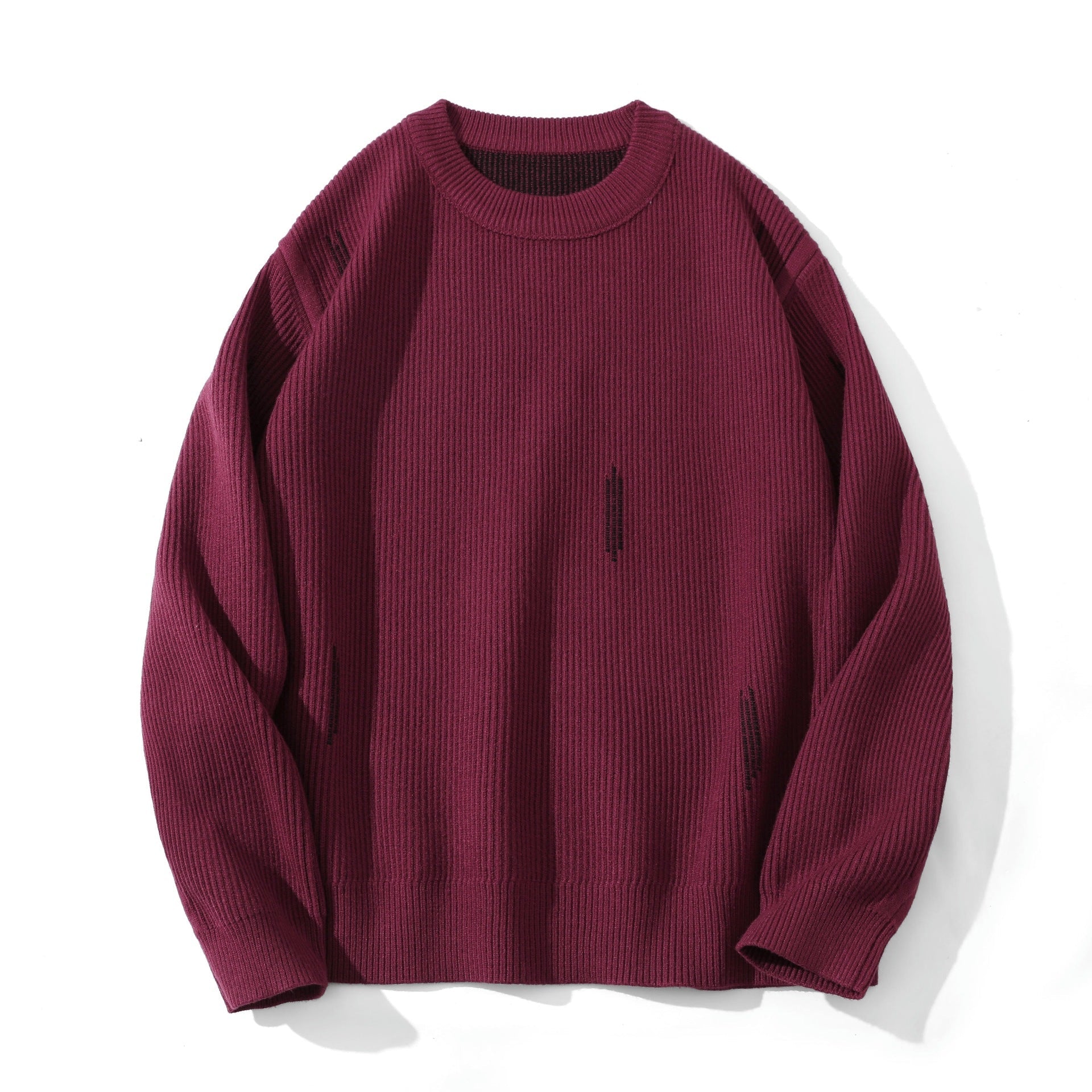 Women's Comfortable Ribbed Knit Sweater in Oversized Silhouette with Round Neck and Subtle Destroyed Look