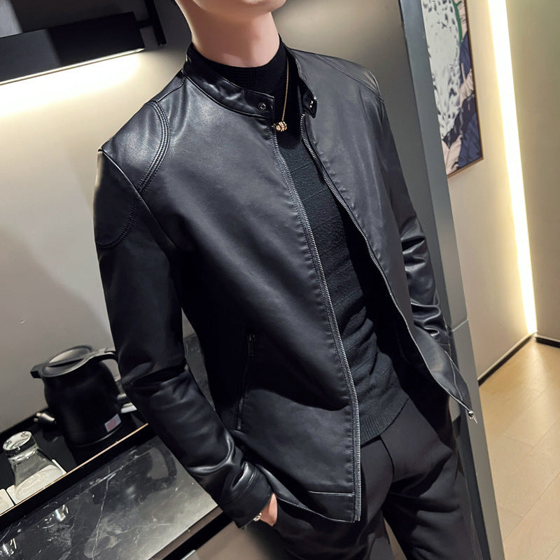 Men's slim faux leather blouson motorcycle-inspired design with short stand-up collar and concealed zipper Chichicherry