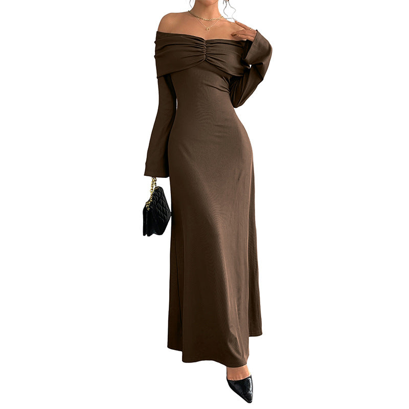 Ladies Off-Shoulder Maxi Dress with Gathered Bust Area and Narrow A-Line Skirt