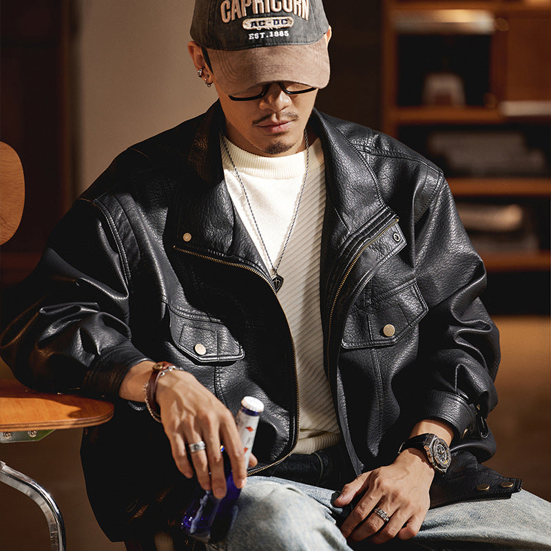 Herren Oversized Kunstlederjacke im Worker-Look mit Pattentaschen Chichicherry