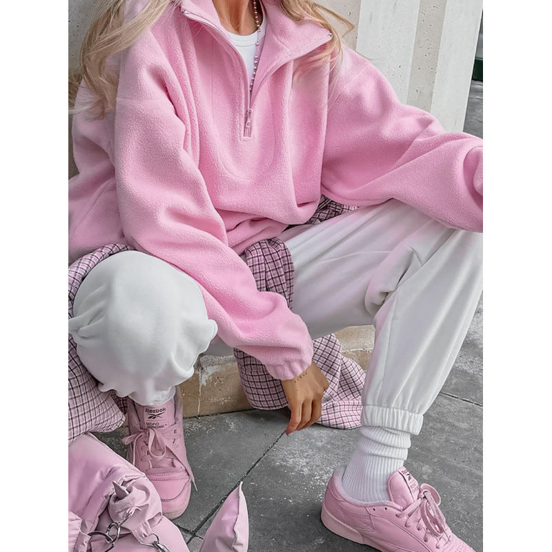 Women’s Oversized Fleece Pullover with Half Zipper and Stand-Up Collar Chichicherry