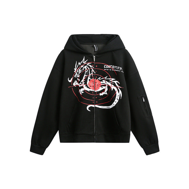 Unisex Oversize Hoodie Zip Jacket with Dragon Print and Arm Pocket Chichicherry