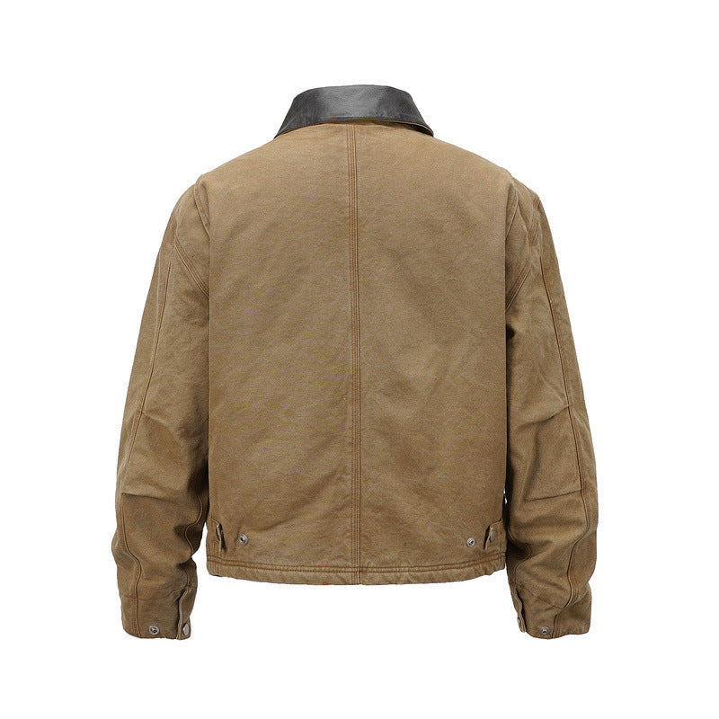 Men's canvas field jacket in overshirt look with leather collar and patch pockets Chichicherry