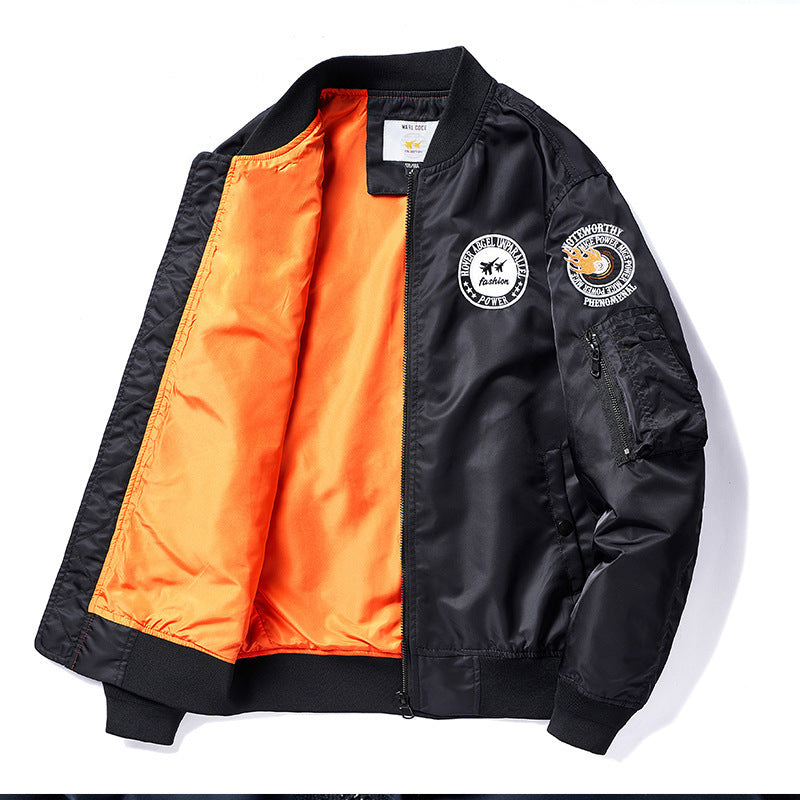 Men's lightweight pilot bomber jacket with badge appliqués, arm pocket, and ribbed cuffs Chichicherry