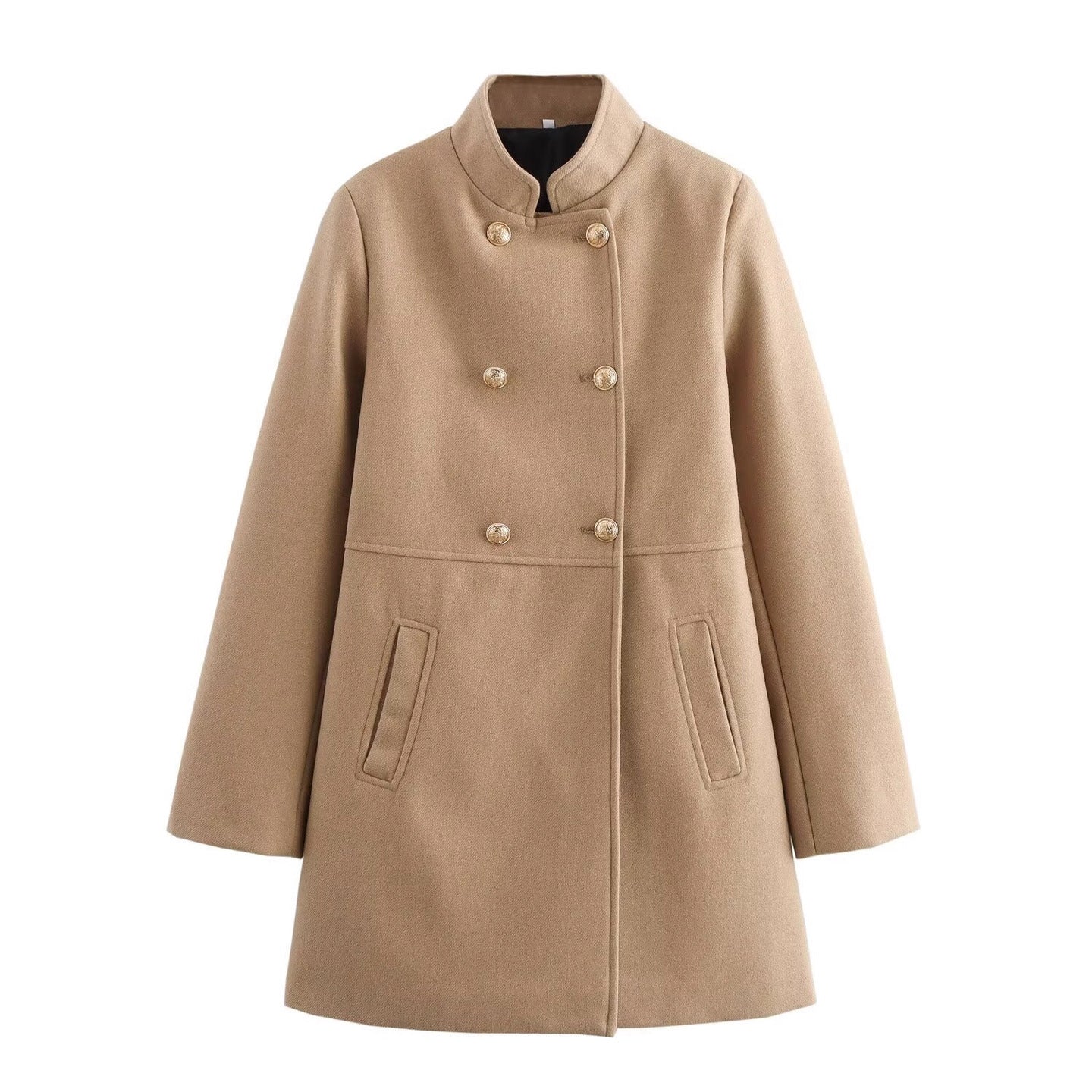 Women's Double-Breasted Wool Blend Coat with Stand Collar and Decorative Buttons Chichicherry