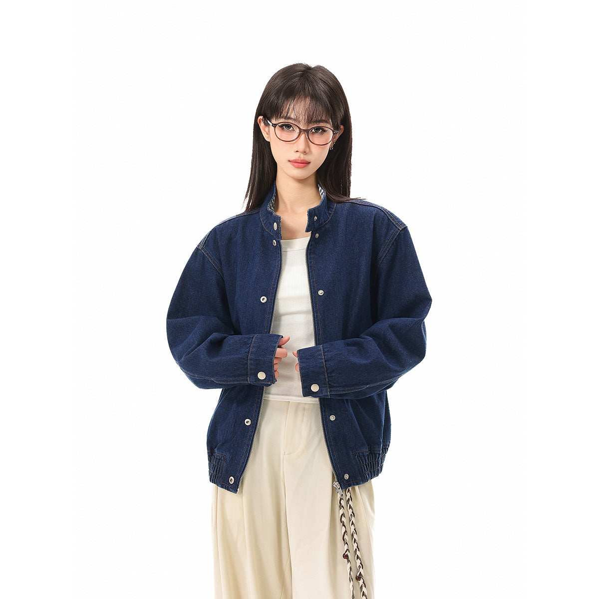 Unisex Boxy Denim Jacket with Check Lining, Stand-Up Collar and Flap Pockets Chichicherry