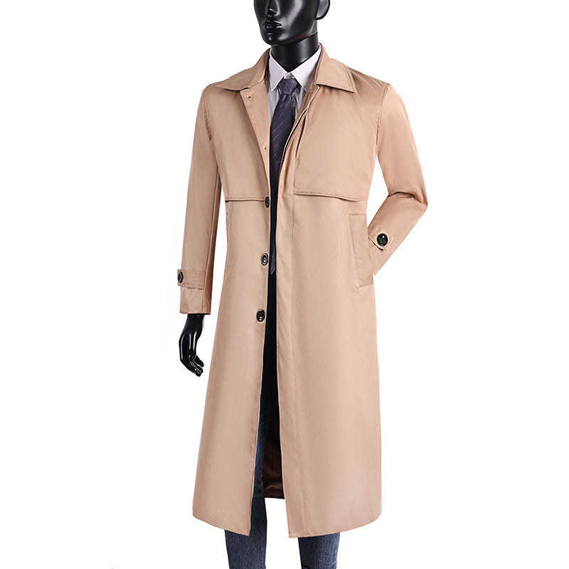 Men's long trench coat with concealed button placket and water-repellent features Chichicherry