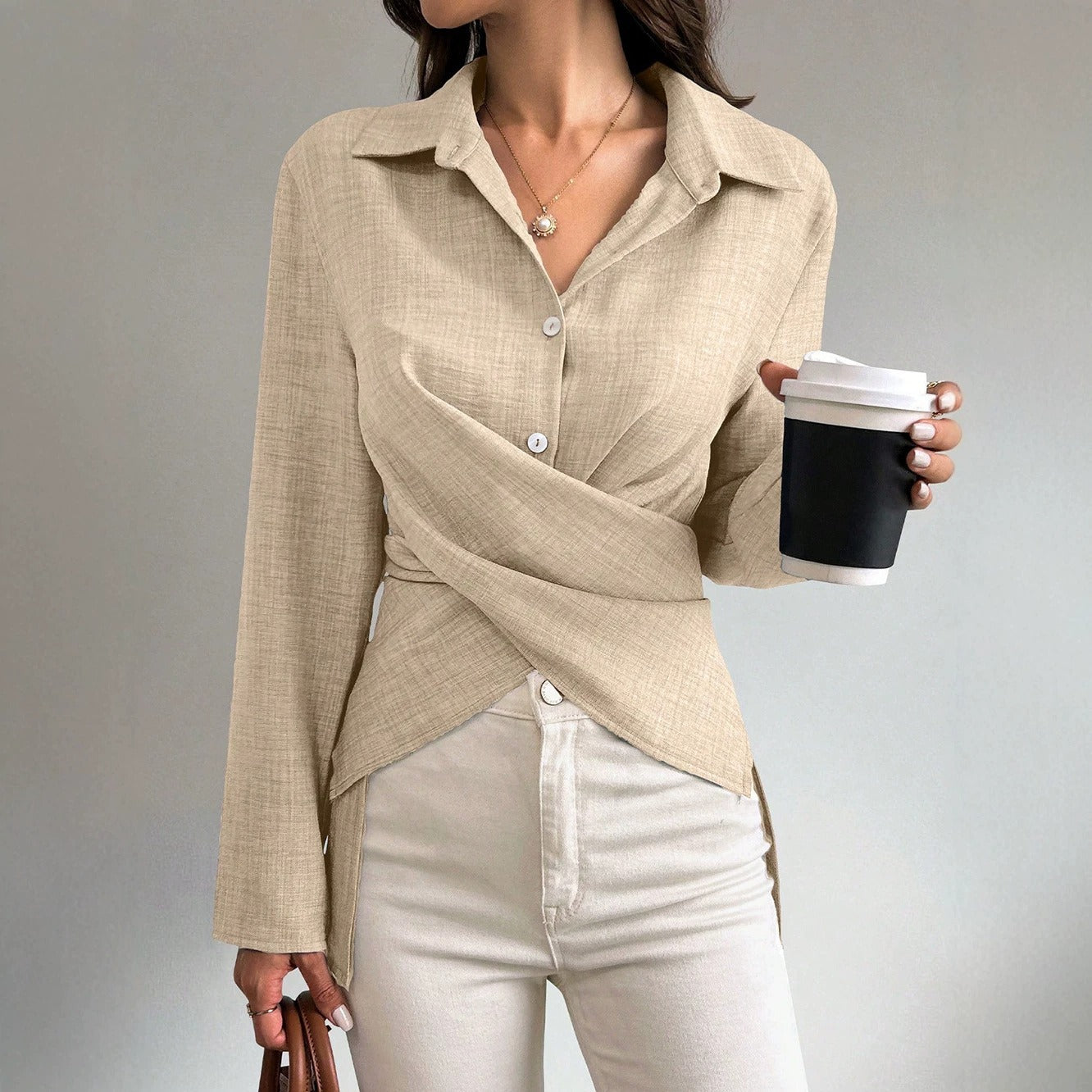 Women's wrap blouse with shirt collar, asymmetrical hem, and side slits Chichicherry