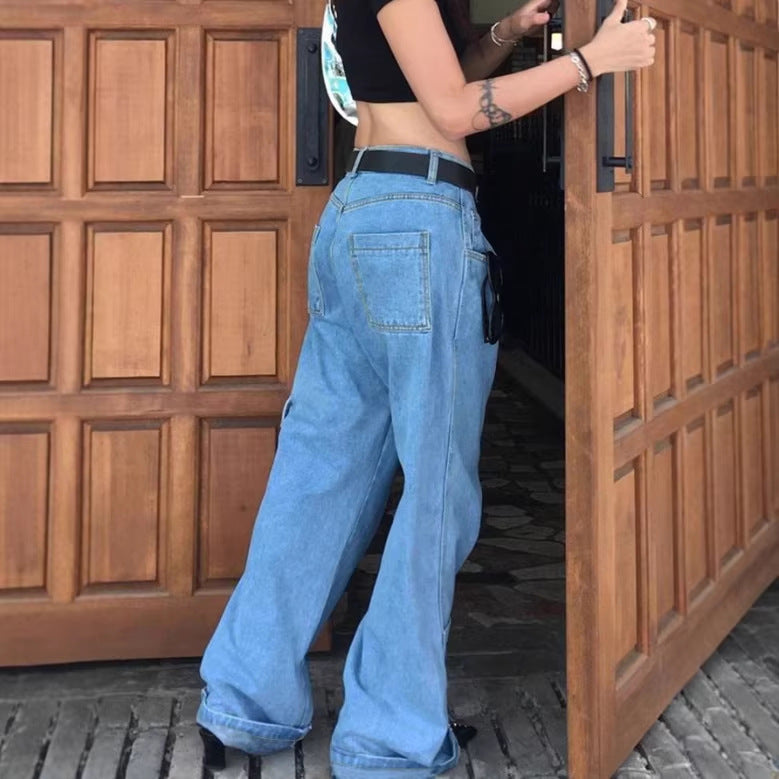 Women Extra Wide Baggy Jeans with Cargo Patches and Low Waist Chichicherry