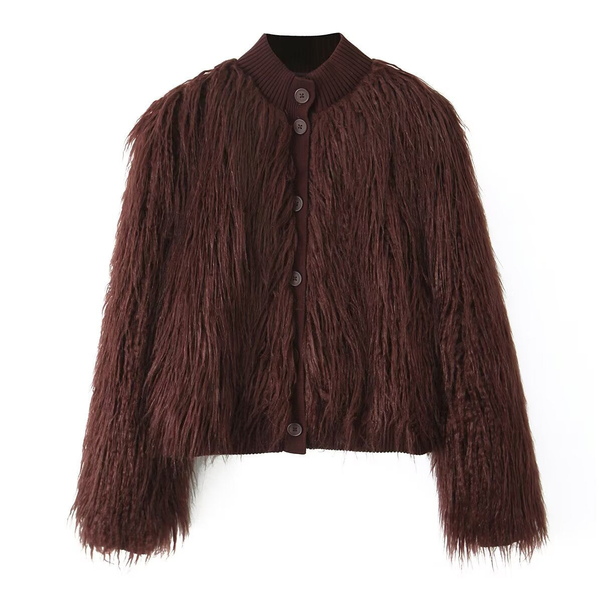 Women Short Cut Shaggy Faux Fur Cardigan with Ribbed Collar and Button Placket Chichicherry