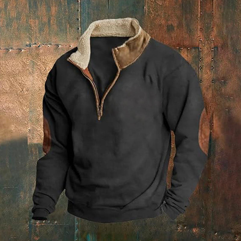 Men Cord-Optic Half-Zip Sweater with Teddy Collar and Elbow Patches Chichicherry