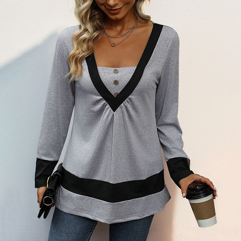 Women's long sleeve with deep V-neck, decorative button placket and contrast borders Chichicherry
