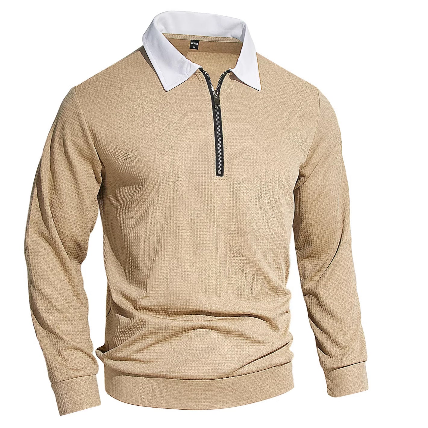 Men's Elegant Waffle Structure Polo Shirt with Half Zip and Contrast Collar Chichicherry