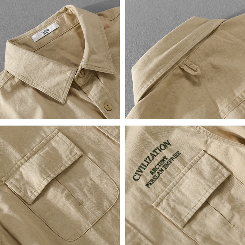 Men's Military-Inspired Overshirt with Double Chest Pockets and Subtle Embroidery Chichicherry