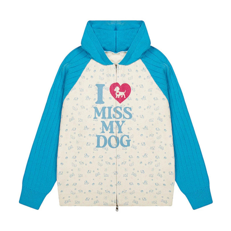 Women's hoodie cardigan with full zip, ribbed sleeves, and dog statement print Chichicherry
