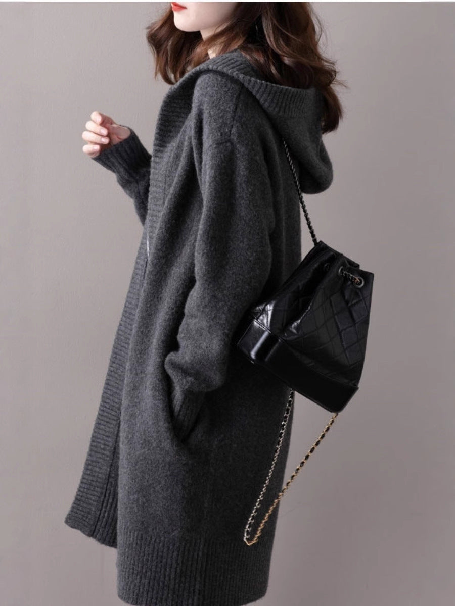 Women's Oversized Hooded Cardigan in Cashmere Look with Open Fall and Wide Rib Chichicherry